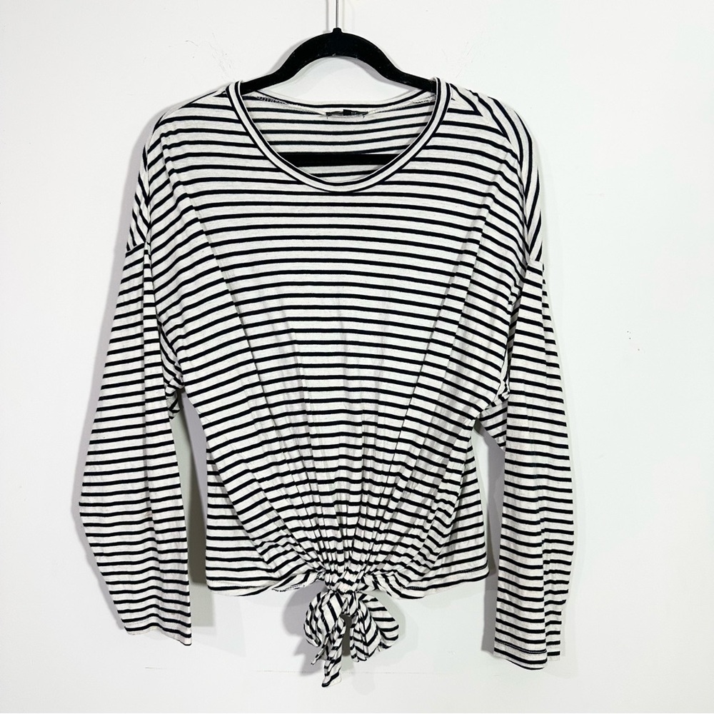 7 For All Mankind Black White Stripe Tie Front Long Sleeve Tee Shirt